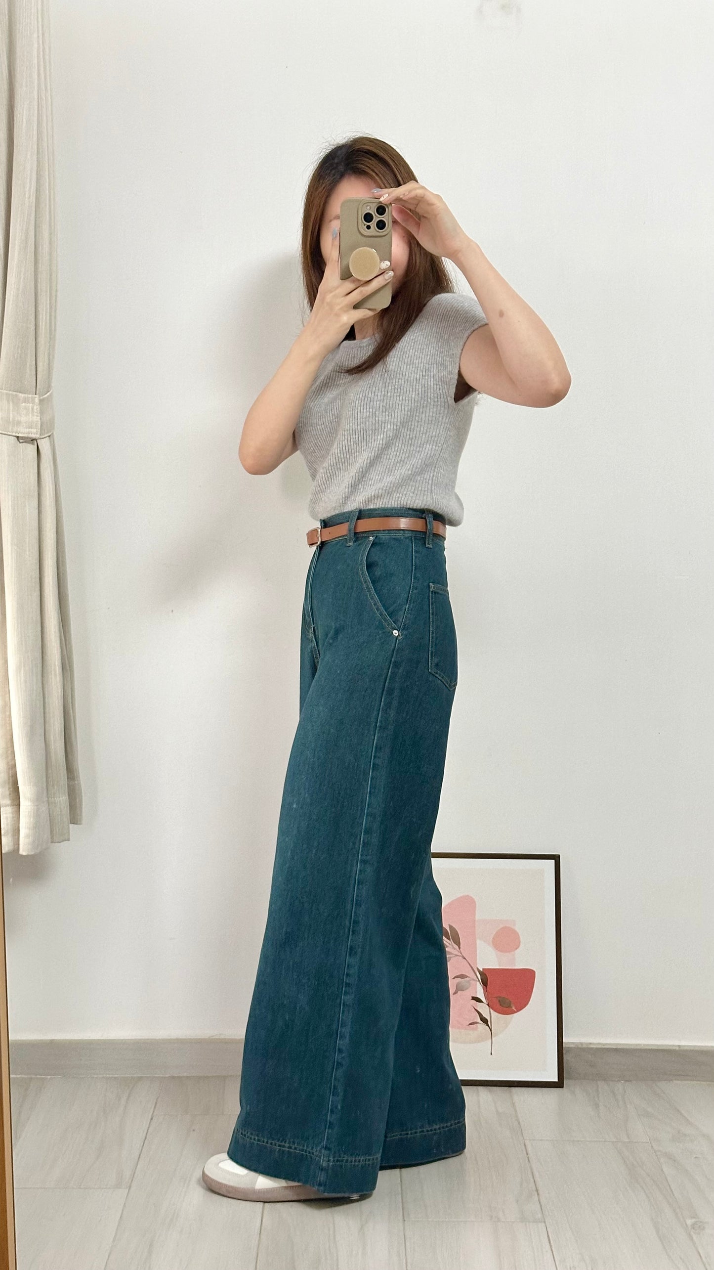 復古牛仔闊褲(連皮帶)