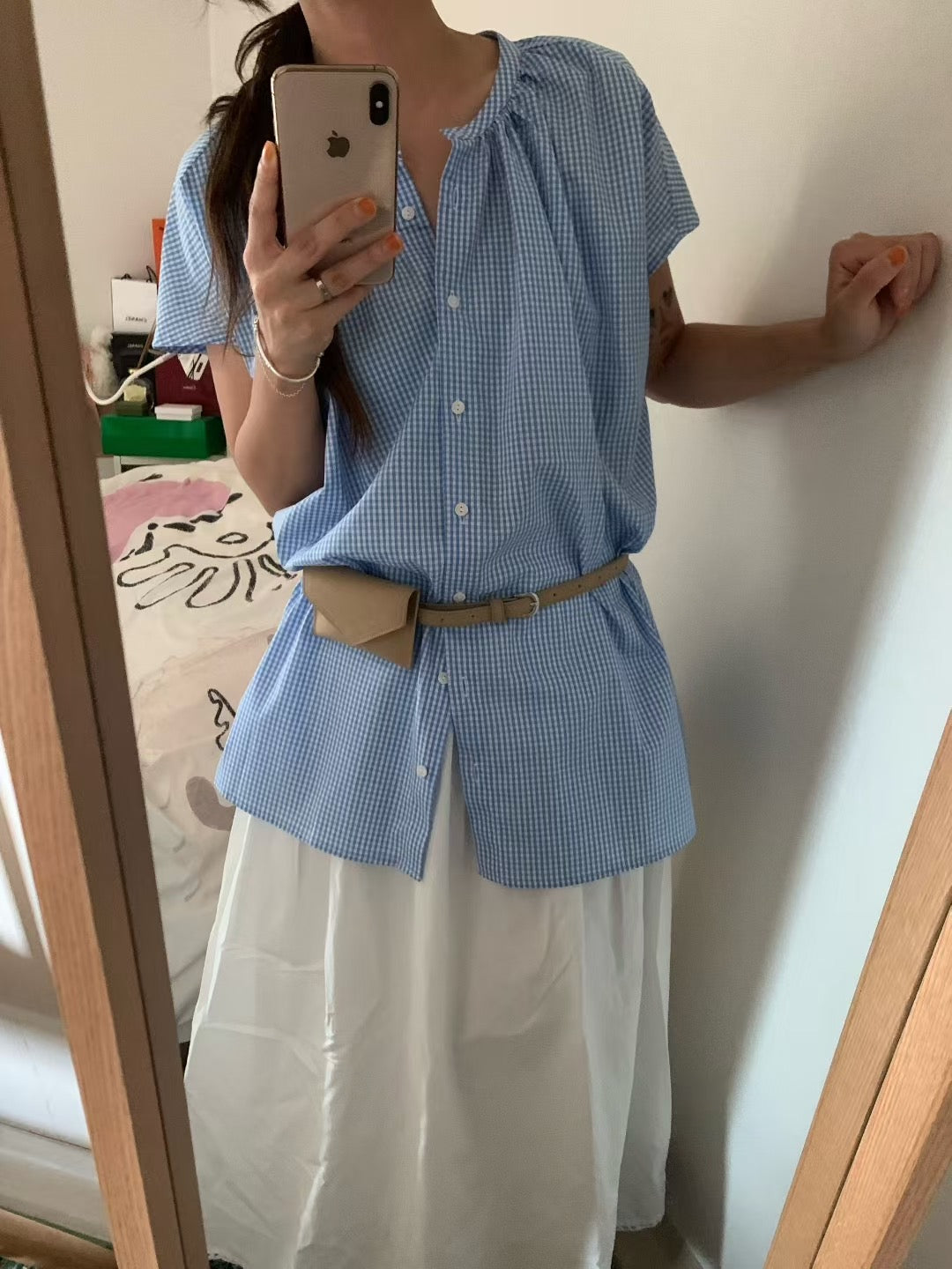 格紋圓領長裇衫