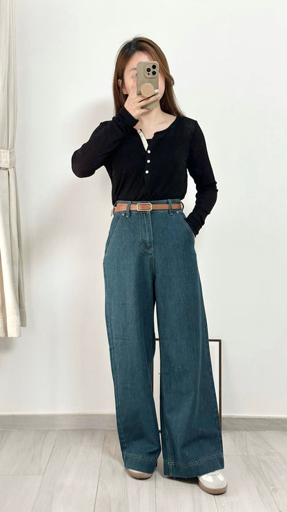 復古牛仔闊褲（連皮帶）