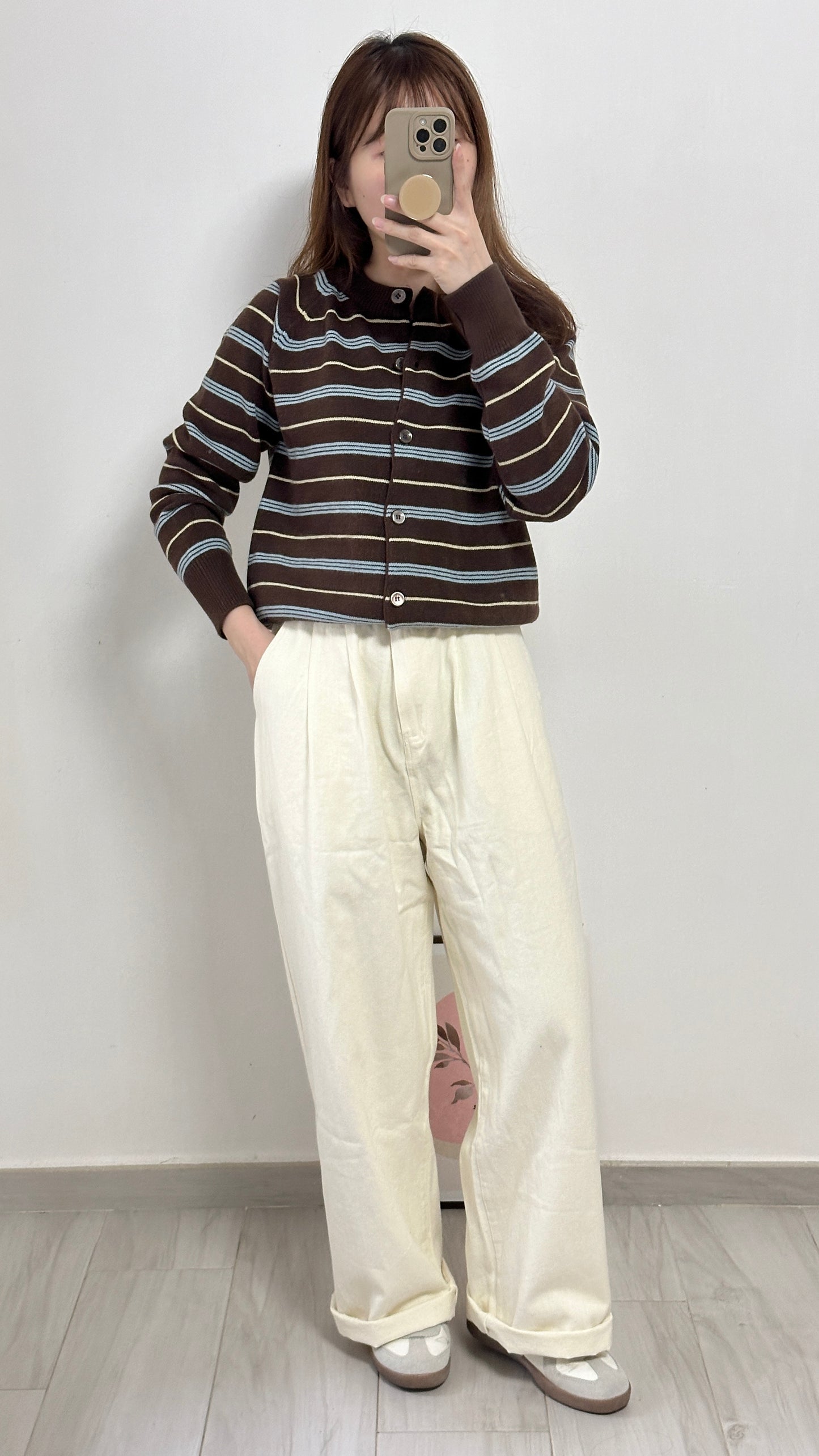 無肩線撞色間條Cardigan