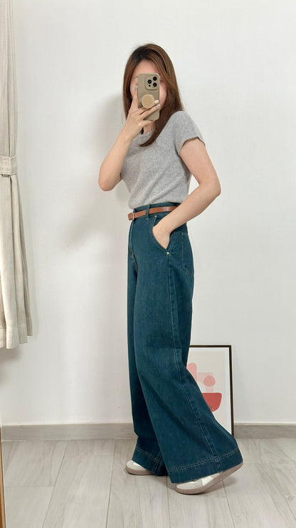 復古牛仔闊褲（連皮帶）