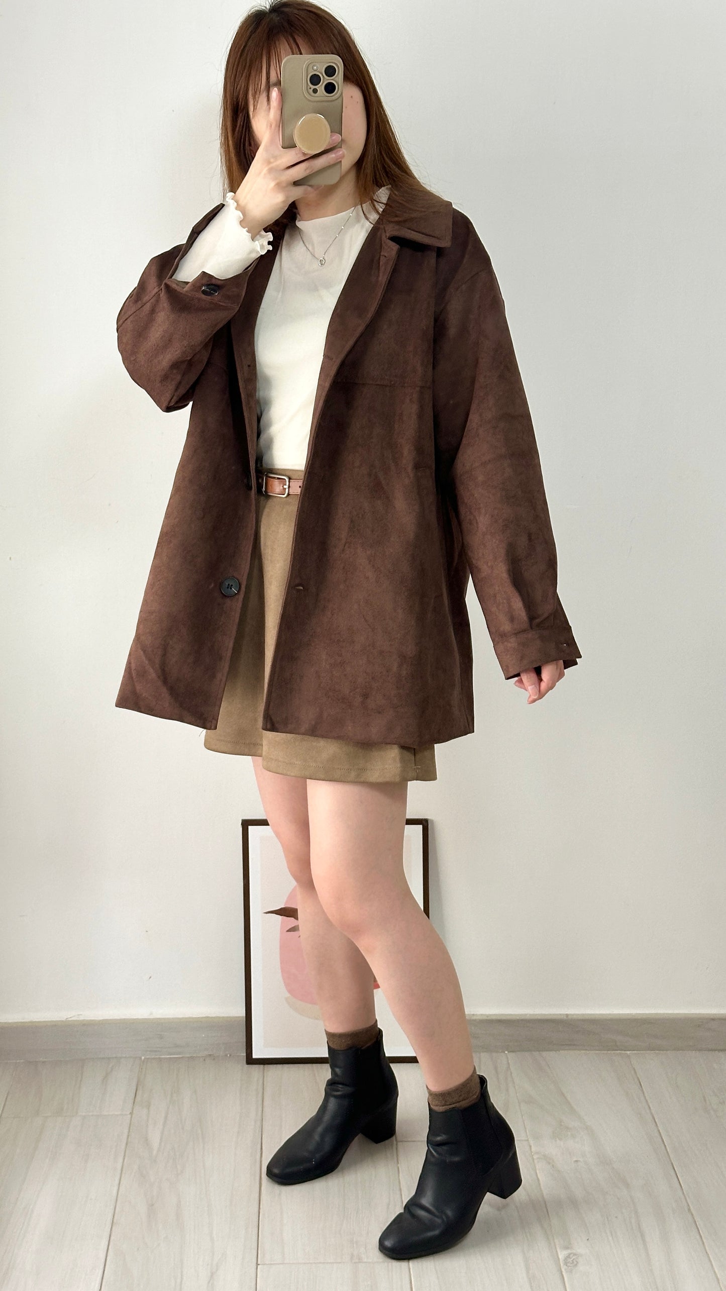 <含羊毛> 麂皮中長外套