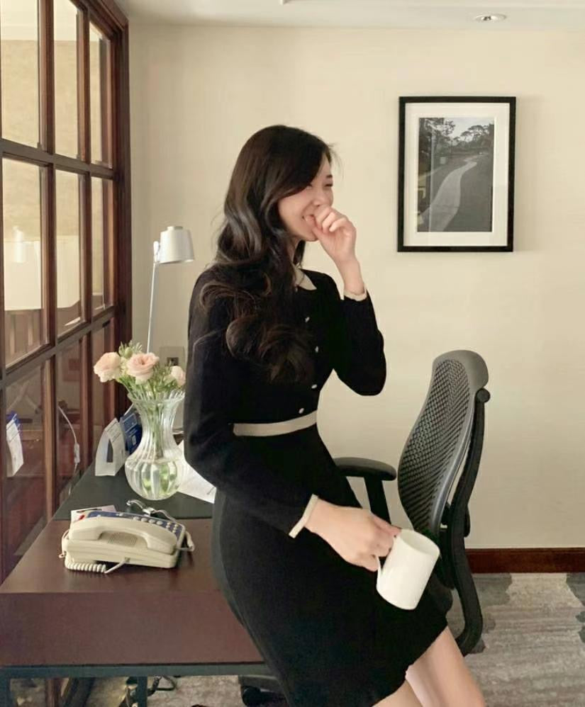 小香風拼色針織連身裙