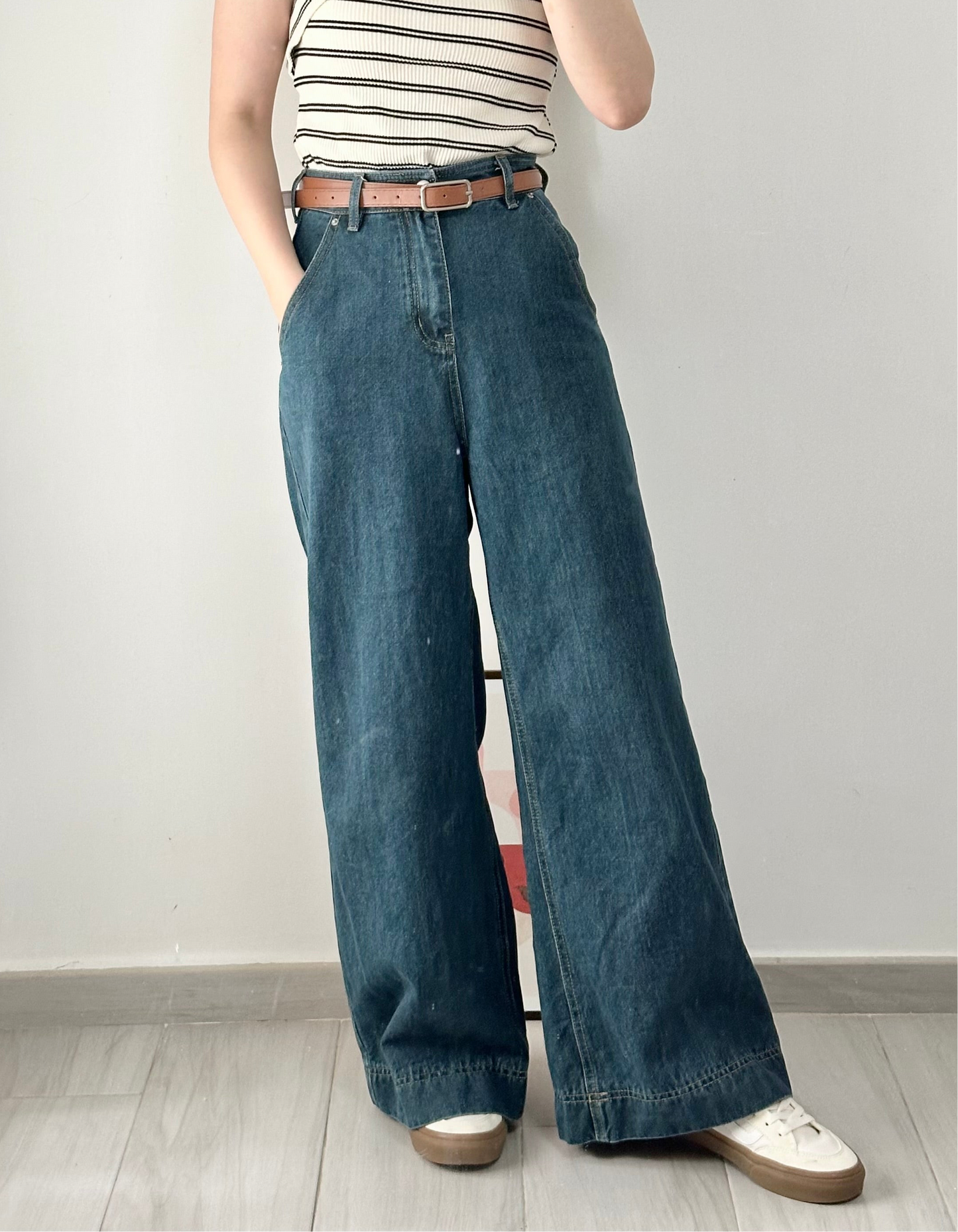 復古牛仔闊褲（連皮帶）