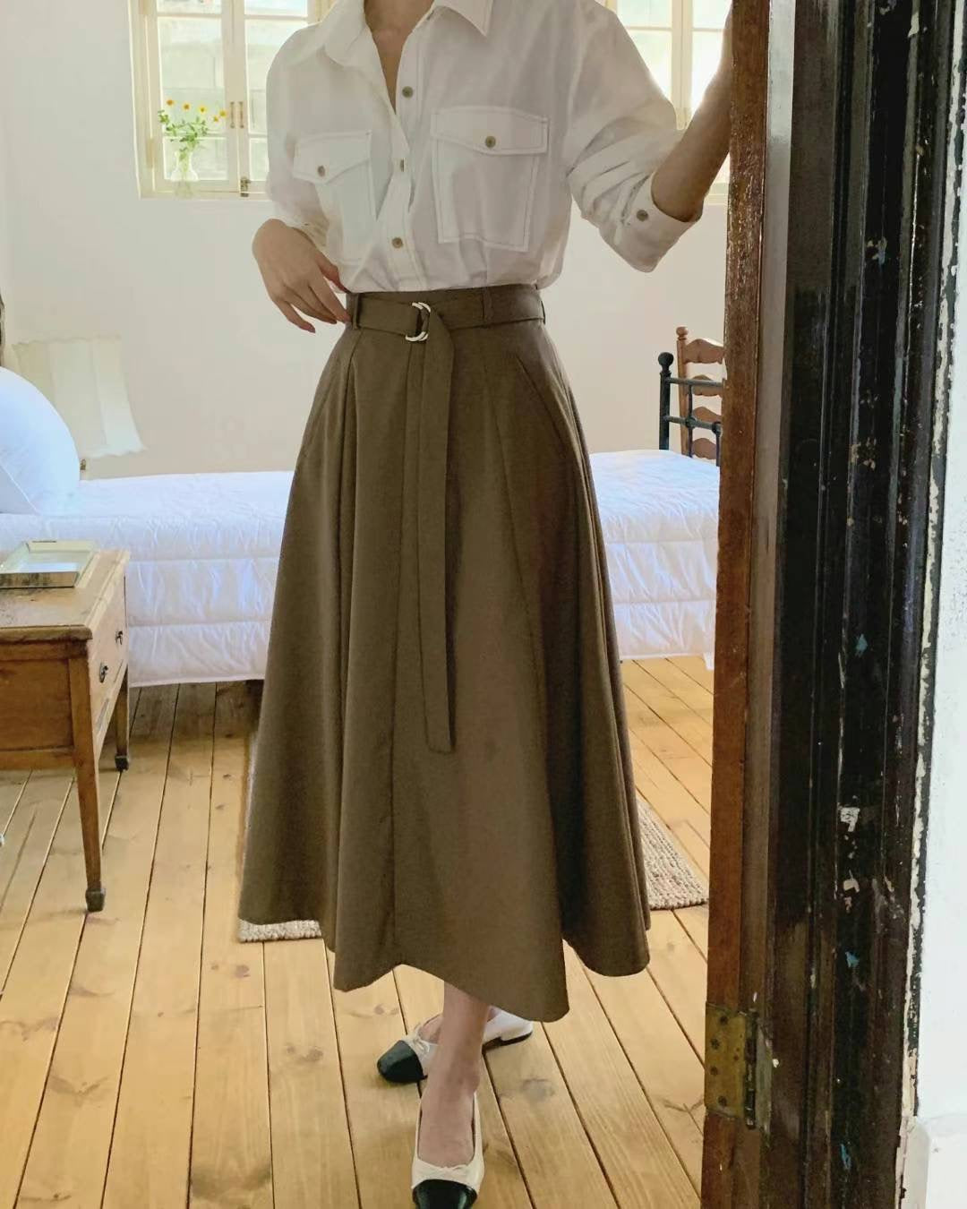 斜口袋腰帶傘裙