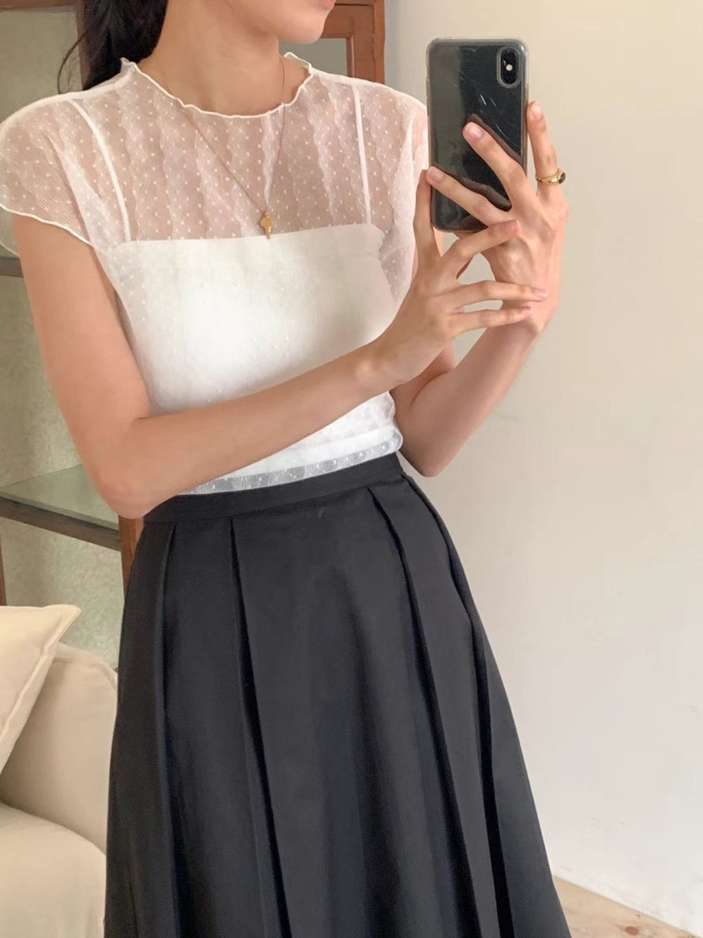 波點輕紗背心Set