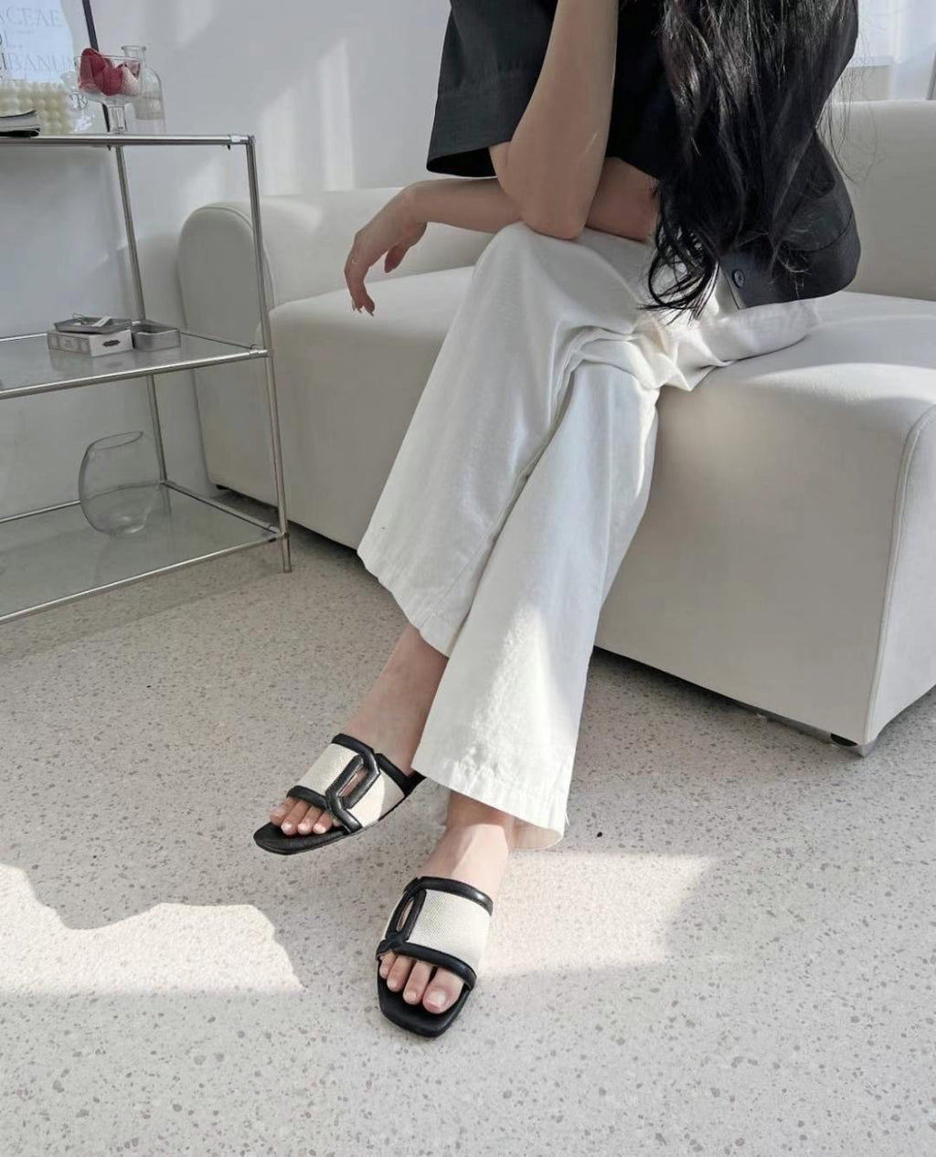 <真皮> 拼色織布拖鞋
