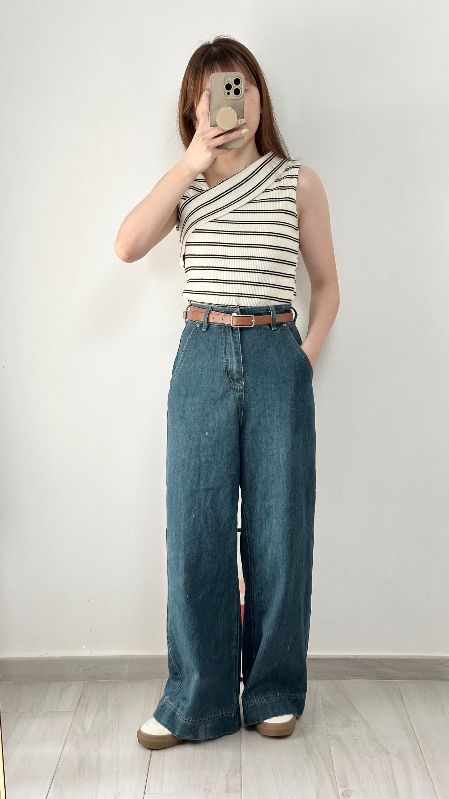 復古牛仔闊褲（連皮帶）