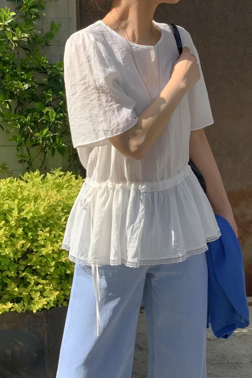Lace邊束腰上衣