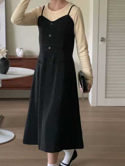 明線吊帶連身裙