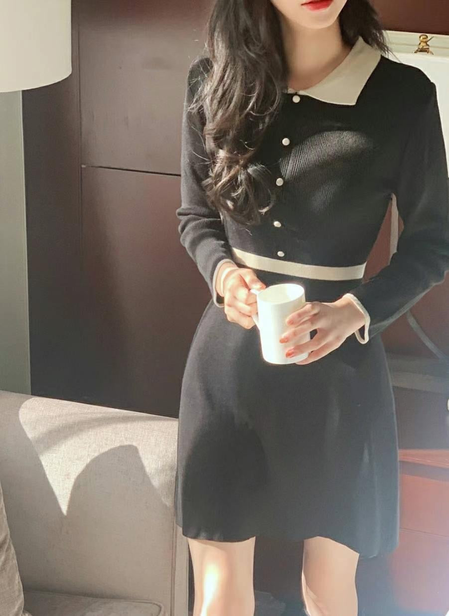 小香風拼色針織連身裙