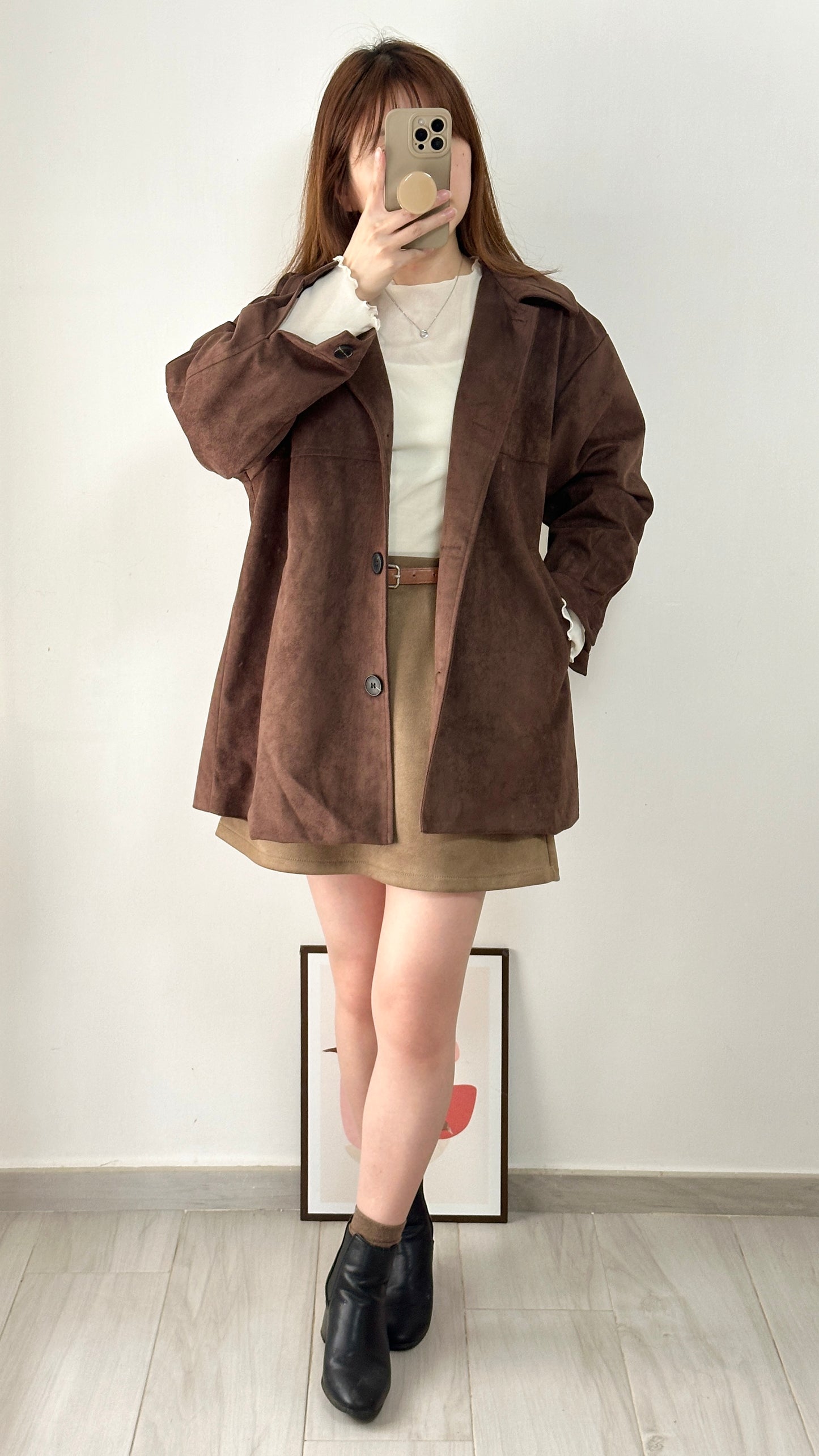 <含羊毛> 麂皮中長外套