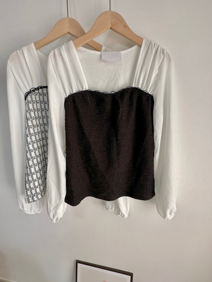 雪紡拼Tweed平領上衣