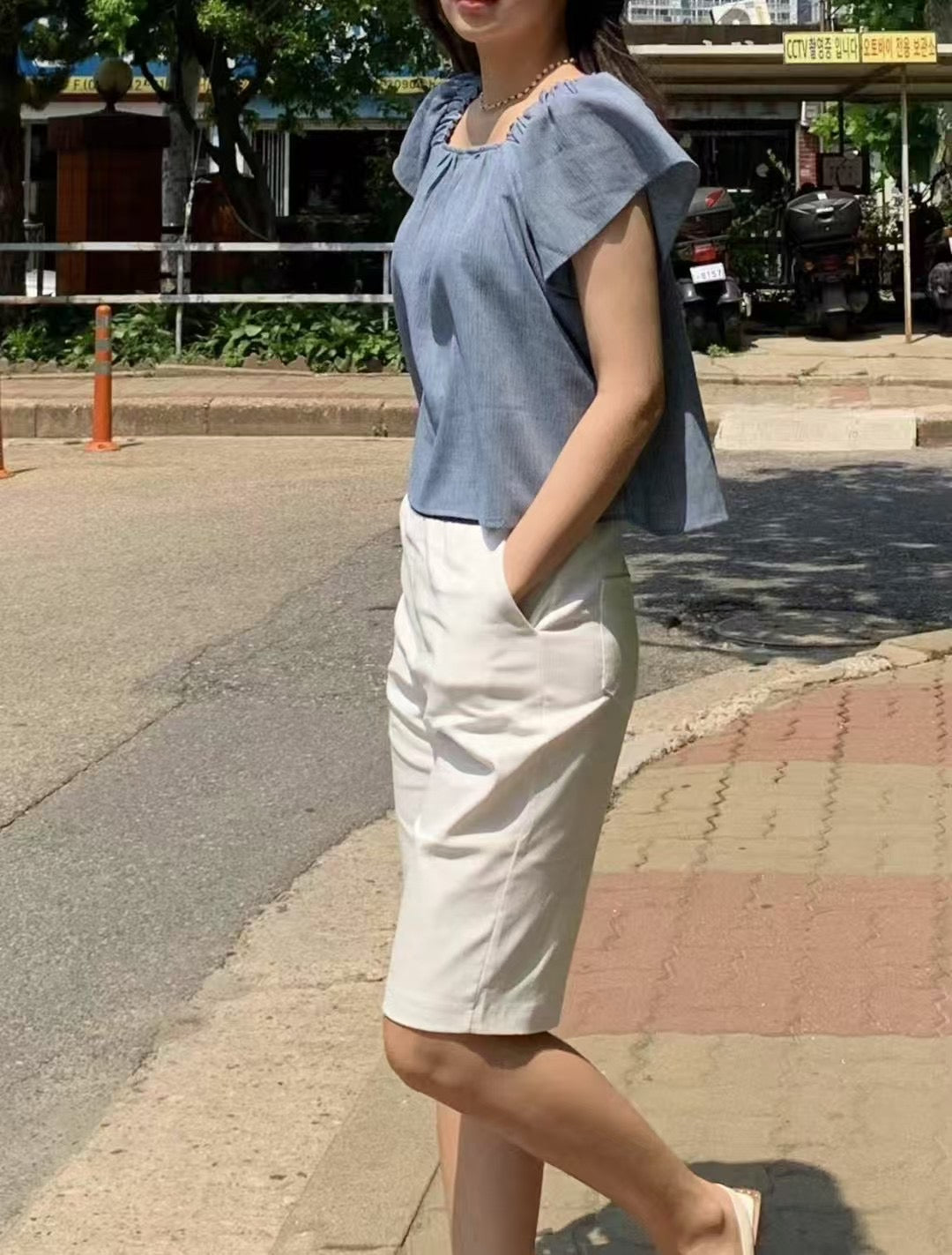 方領小飛袖上衣