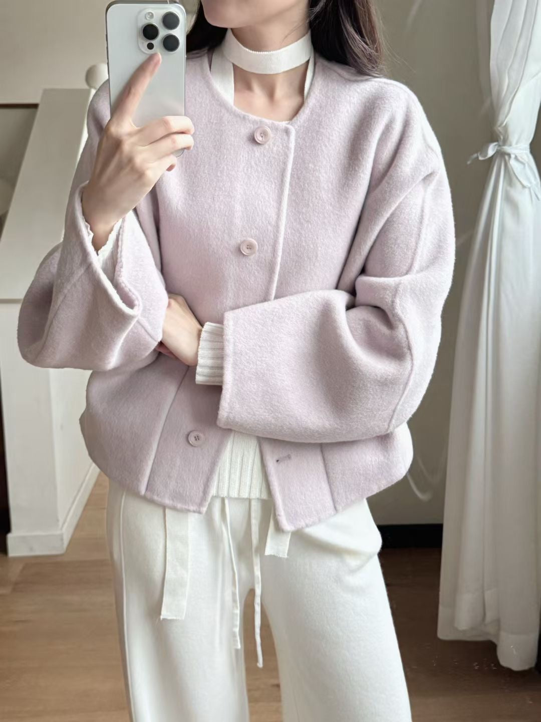 俐落圓領Handmade羊毛外套