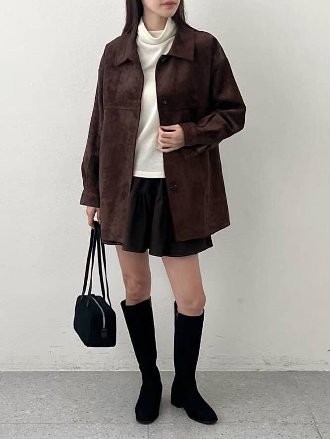 <含羊毛> 麂皮中長外套