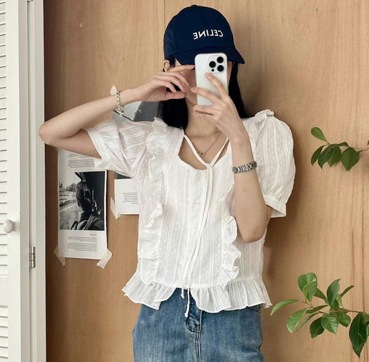 荷葉邊暗花Blouse