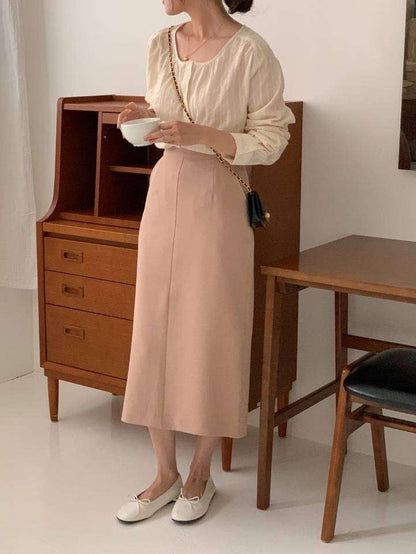 金鈕西裝料直筒裙