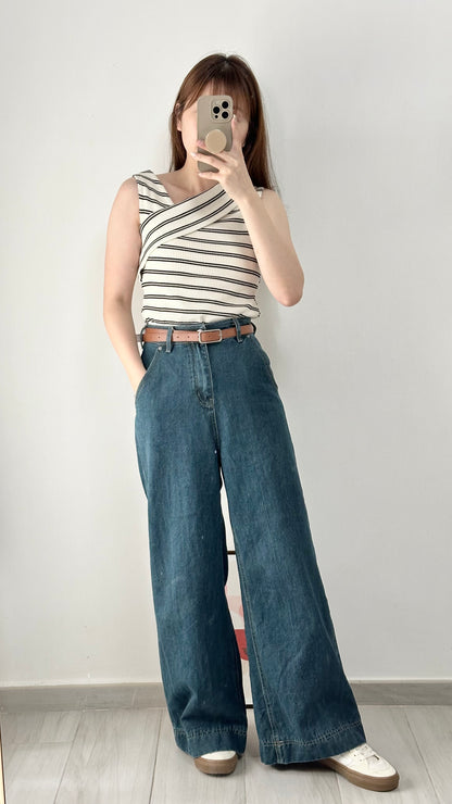 復古牛仔闊褲（連皮帶）