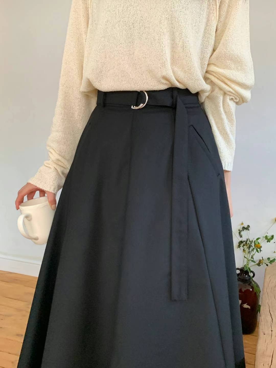 斜口袋腰帶傘裙