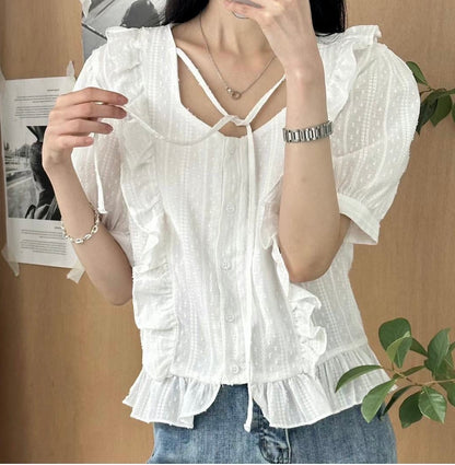 荷葉邊暗花Blouse